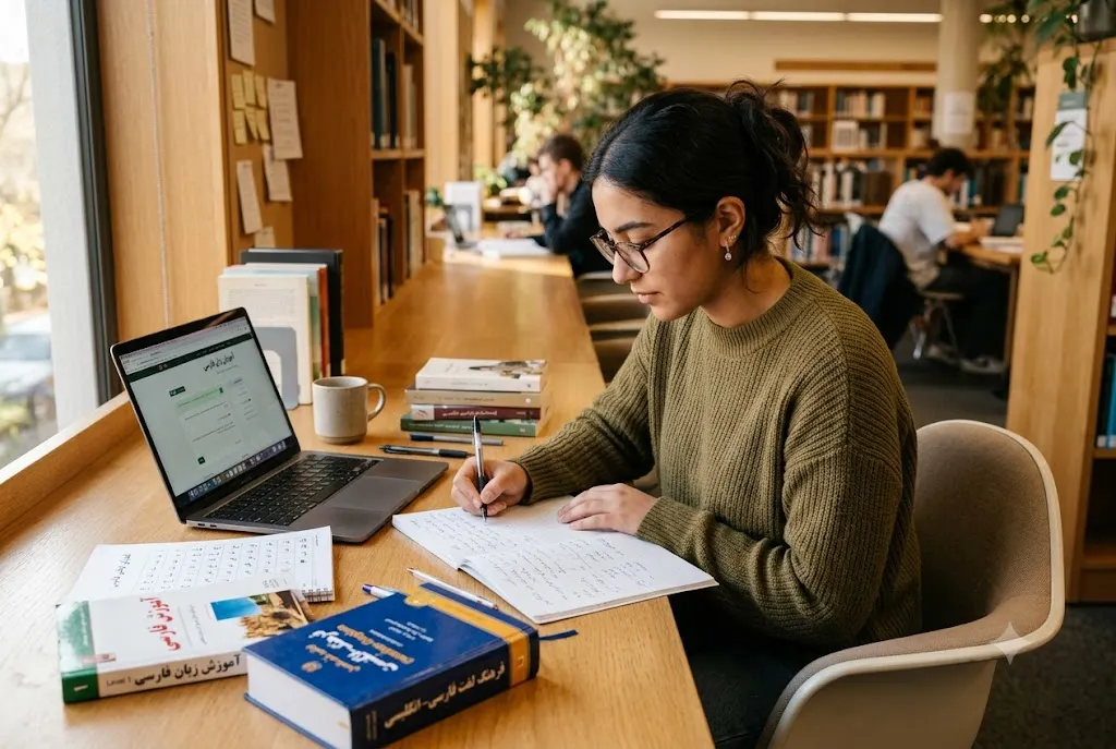 Student using educational materials to learn Persian language effectively