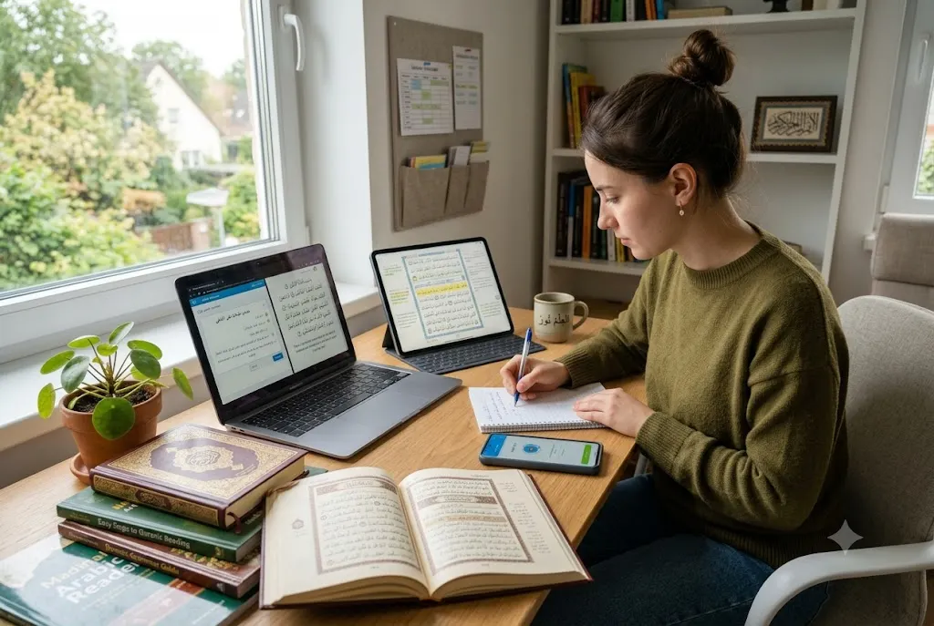 Student using digital resources to learn quranic arabic language online
