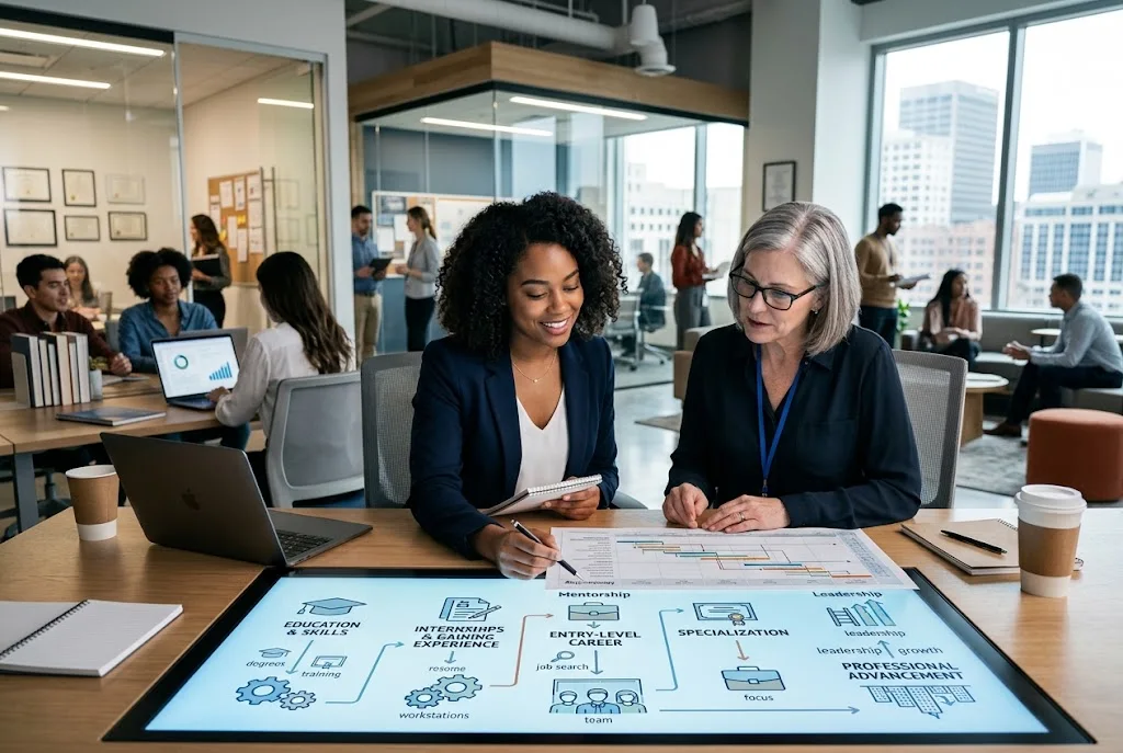 Career pathway meaning showing education, skills, training, and career progression